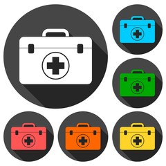 First aid box icons set with long shadow