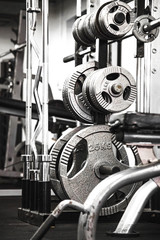 Weights in a Gym.
Gym interior close up, machinery and weightlifting equipment.