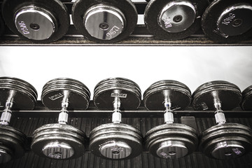 Weights in a Gym.
Gym interior close up, machinery and weightlifting equipment.