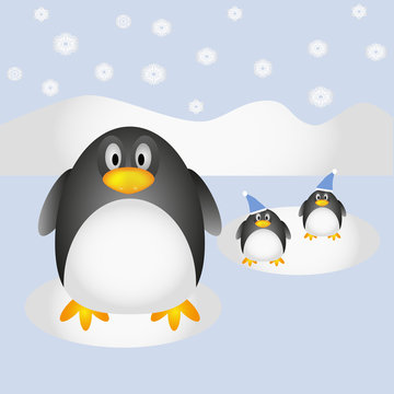 Penguins on winter background