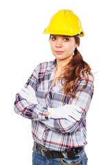 Young woman in yellow construction helmet