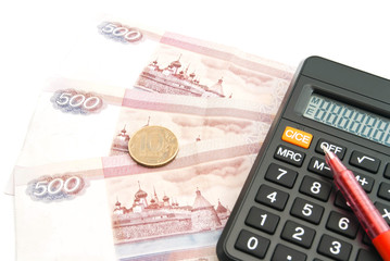 calculator, Russian banknotes, coin and pen