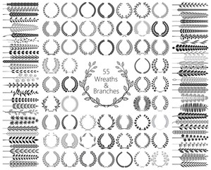 Set of 55 Wreaths and branches. Vector illustration.