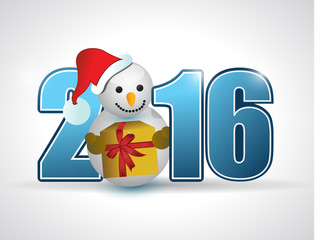 2016 blue text and snowman and gift