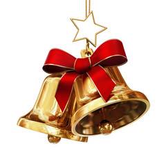 Pair of golden bells  - red bow and star with golden border - obrazy, fototapety, plakaty