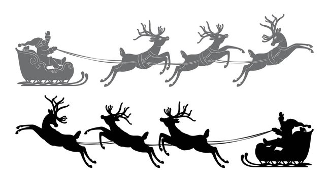 Black vector silhouette, Flying Santa Claus in a reindeer sleigh 