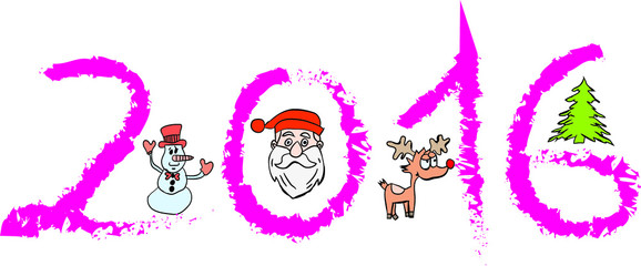 Happy New Year 2016 with Santa Claus, snowman, tree and reindeer.