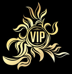 Pretty gold unusual round floral frame with caption VIP on a dar