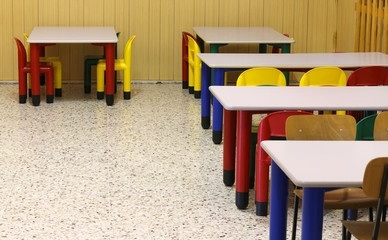 Obraz na płótnie Canvas tables and chairs in the refectory of the kindergarten