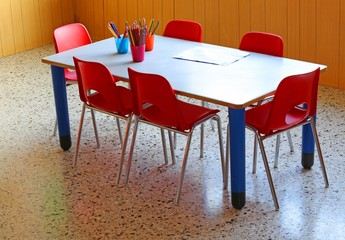 small school desk with yellow chairs in a kindergarten