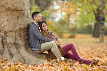 Fototapeta premium Happy young couple sitting in a park in autumn