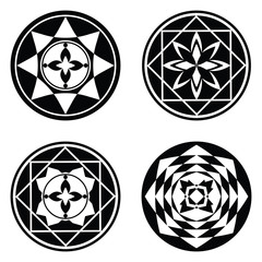 Mandala floral icon set. Stylized ornaments of circles, rectangles, stars and flowers. Tattoo signs. Harmony perfection luck infinity symbol. Vector