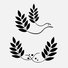 Laurel wreath tattoo icon. Stylized ornament of branch, dove bird. Black signs. Defense, love, glory symbol. Vector
