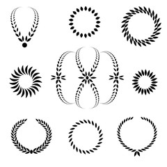 Laurel wreath tattoo set. Black ornaments, signs on white background.  Victory, peace, glory symbol. Vector