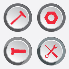 Tools icons set. Screwdriver, hammer, wrench key icon, bolt nut. Repair fix symbol. Round buttons with shadow. Vector