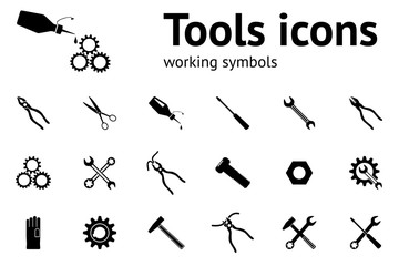 Tools icons set. Wrench key glue pliers cogwheel hammer, gloves, screw, bolt, nut, scissors. Repair fix tool symbols. Round signs with shadow. Vector - 97690369