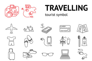 Travel icons set. Tourism, journey, vacation accessories symbol. Line signs. Travelling memo, instruction. Things for a trip. Vector isolated