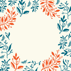 Round composition with hand drawn leaves and plants, could be used as greeting card or invitation