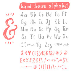 Hand drawn scratch vector font with uppercase, lowercase letters, symbols and numbers.