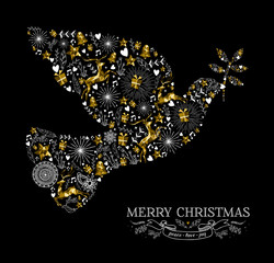 Merry christmas dove bird silhouette gold reindeer