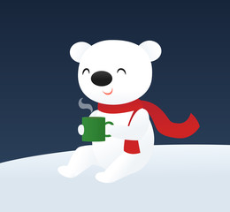 Polar bear sitting and holding a cup of hot chocolate