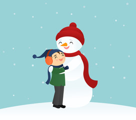 Boy sharing a hug with a snowman