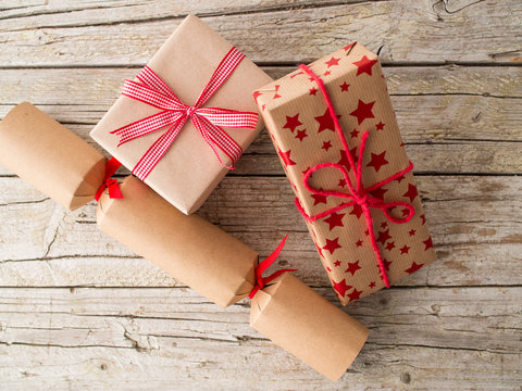 christmas presents on wooden background