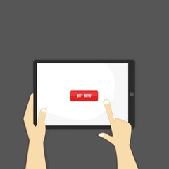 Hands holding tablet, buy button