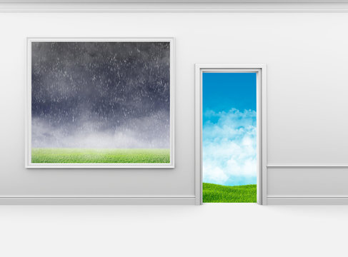 Bad weather on the wall in frame and good outside door