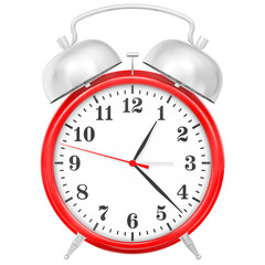 glossy red alarm clock against white background