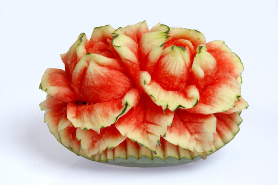 Fruit carving display, watermelon, white background
