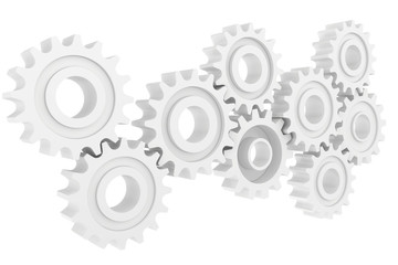 Cog wheel gear mechanism close-up. White background