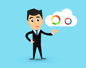 Business man give clouds and graph on blue background cartoon vector.