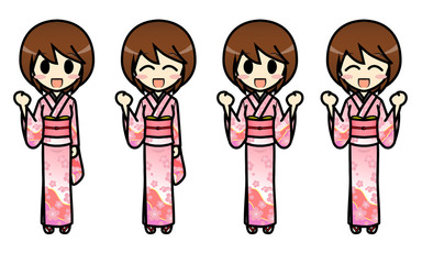 シンプルキャラクター 会話・表情イラスト集 和服 女性 ガッツポーズ1