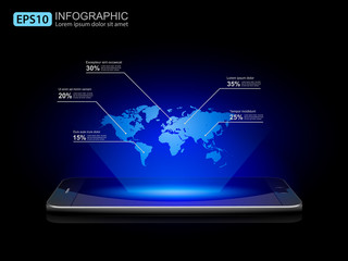 Smartphone with Holographic World Map,vector