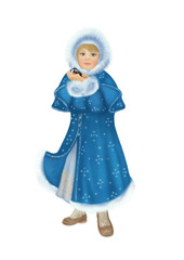 Little girl in winter coat with fur and bullfinch on white background