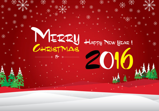 Merry Christmas and Happy New Year 2016. The white snow and green Christmas tree on red background.