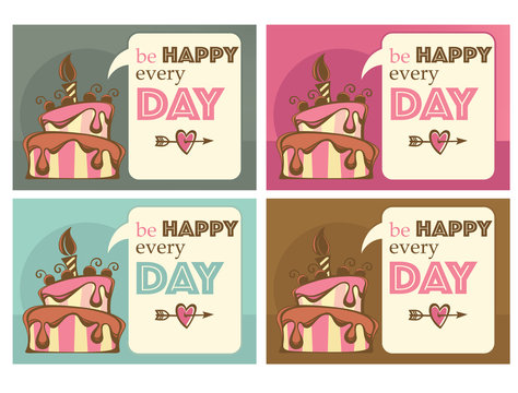greeting cards and tags, with image of birthday cakes, candle an
