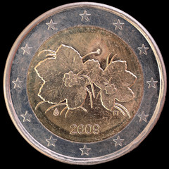 National side of Finland two euro coin on black background
