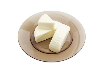 Mozzarella cheese on a glass dish