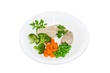 Boiled meat with vegetables on a white plate