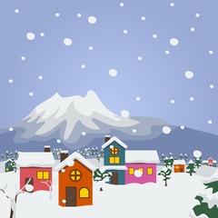 Obraz na płótnie Canvas Vector Illustration of A Village in Winter Season in Flat Style
