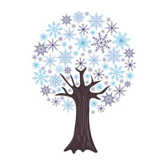 Beautiful winter tree with snowflakes as leaves isolated on white background. Vector illustration. 