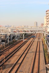 Fototapeta premium 夕日に照らされた線路と電車
