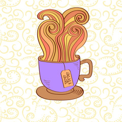Colorful cup of hot tea with swirl steam. Doodle vector illustration. 