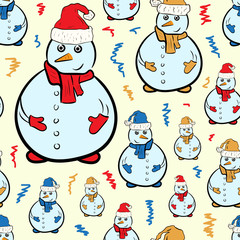 Seamless snowmen in caps