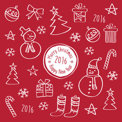 Happy New Year 2016. Merry Christmas. Template for Greeting Congratulations, Invitations. Hand drawing with chalk on the red background. Doodles, sketch, design elements. Vector.