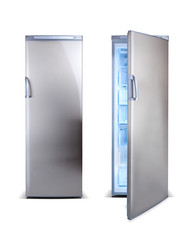Stainless steel open clean freezer isolated on white.
