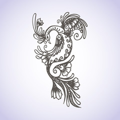 Fototapeta premium Henna Mehndi tatuaż doodle czarny ptak szczęście ornament wektor elementy na białym tle