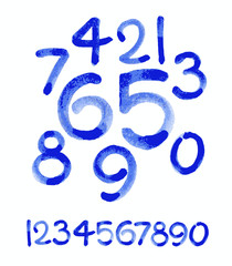Watercolor hand written blue numbers. Vector watercolor.